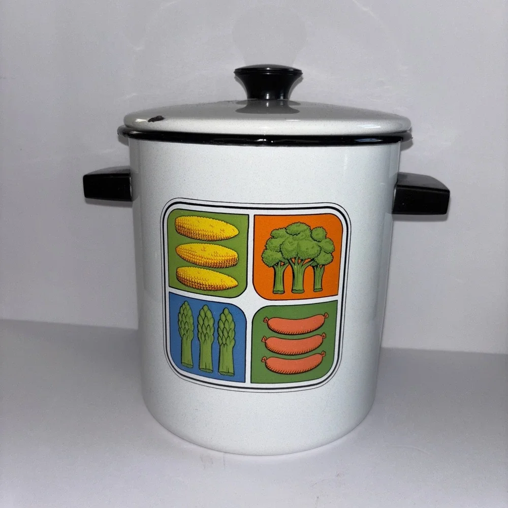 Vintage Enamel Cooker Pot w/ Lid Steamer Separator Basket Vegetable Pan Retro